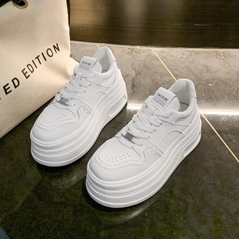 8CM thick-soled heightening shoes women's spring new versatile lace-up leather white shoes casual shoes single shoes