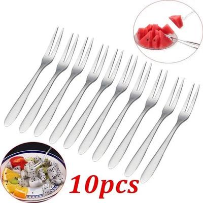 10 Stück Edelstahl-Gabel mit zwei Zinken, Obstgabel-Set, Geschirr, mehrfach verwendbar, Snack, Kuchen, Dessertgabeln, Cafeteria, Heimbesteck