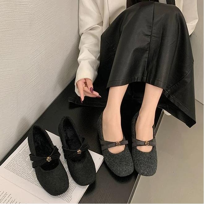 Autumn And Winter Retro Velvet Soft Soled Women's Shoes With Bow Tie Single Shoes