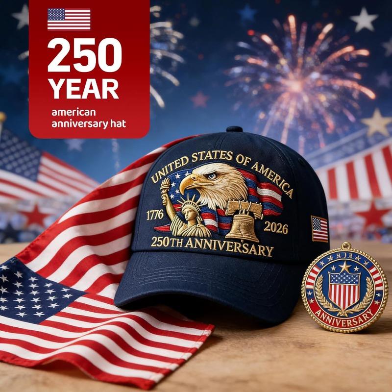 1pc Retro Print 250th Anniversary USA Hat,Adjustable United States 250th Anniversary Hat Retro Embroidered Festival Baseball Cap