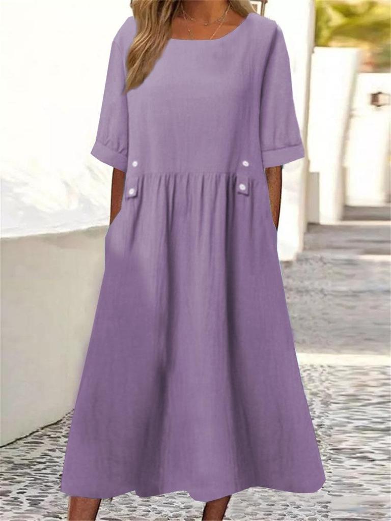 Round Neck Dress-up Breathable Cotton Linen Women Dress Streetwear Lady