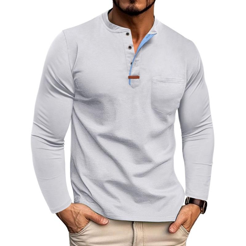 New Long-sleeved Henry Shirt Men's Round Neck T-shirt Color-blocking Fashion Casual Casual
