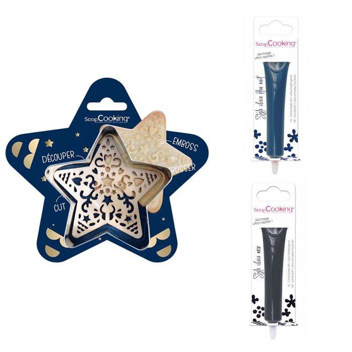 Kit pour biscuit en relief Étoile + 2 Stylos au chocolat bleu nuit et noir