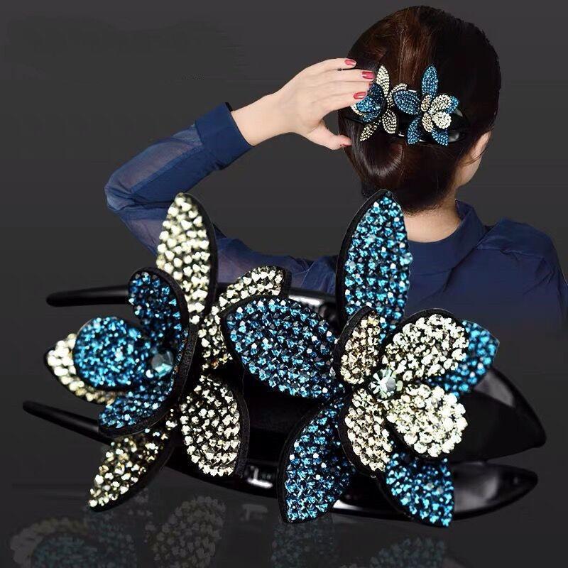 Damen Sommer Strassblumen Haarspange - Koreanischer Stil Doppellagiger Entenschnabelclip