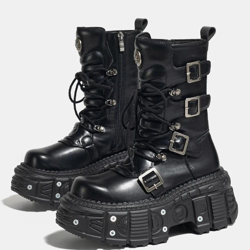 Women's  New Niche Internet Celebrity Muffin Platform Locomotive Punk Goth Lace-up Medium Boots