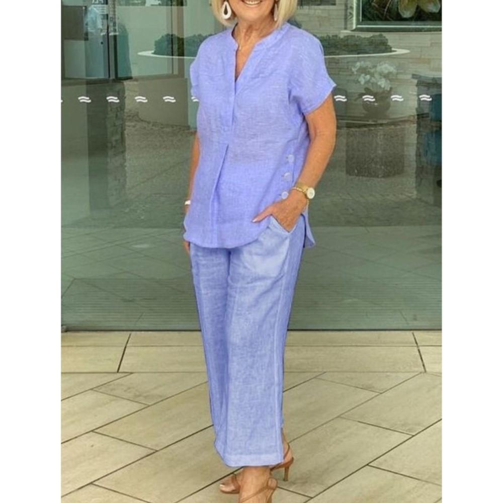 Fashion Cotton Linen Short Sleeved Women Shirt Pants Suit Spring Summer Simple Casual Pocket Pants Female Office 2 Piece Set