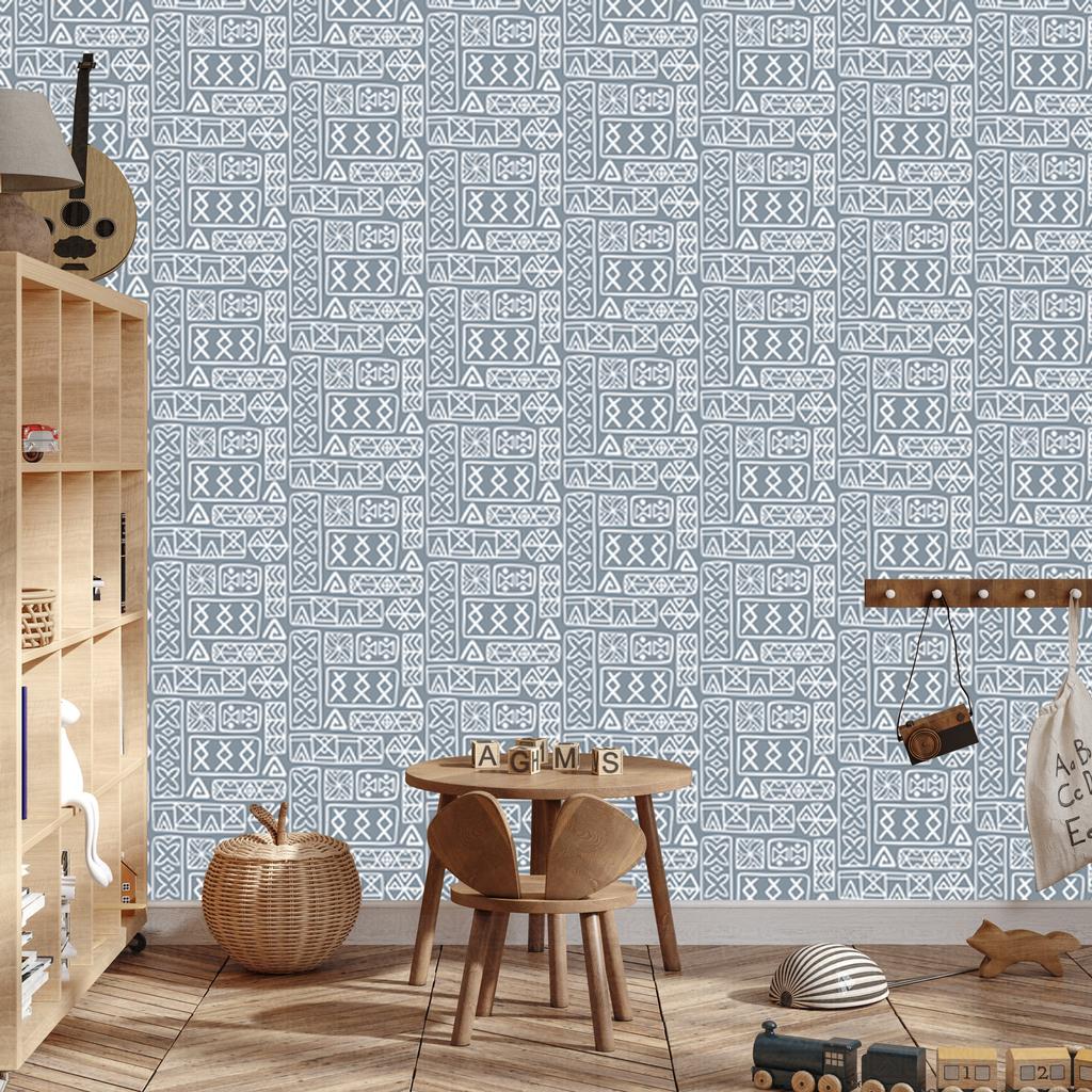 Polynesian Geometric Pattern Wallpaper Light Gray and Blue 50x1000