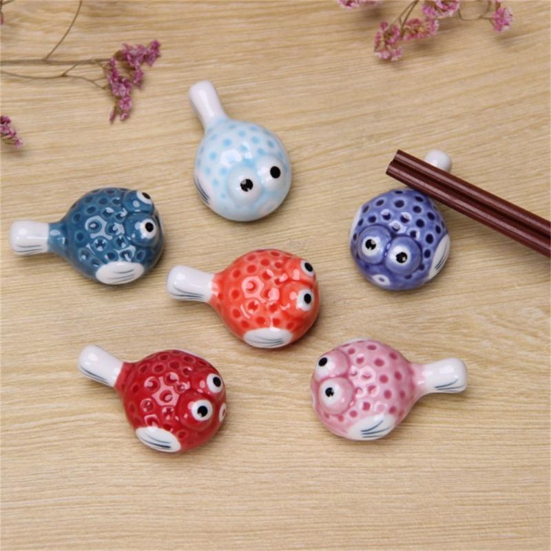 6 Pieces Cute Pufferfish Shaped Ceramic Chopstick Rests Spoon Fork Holder Ceramic Chopstick Holders for Kitchen Utensil