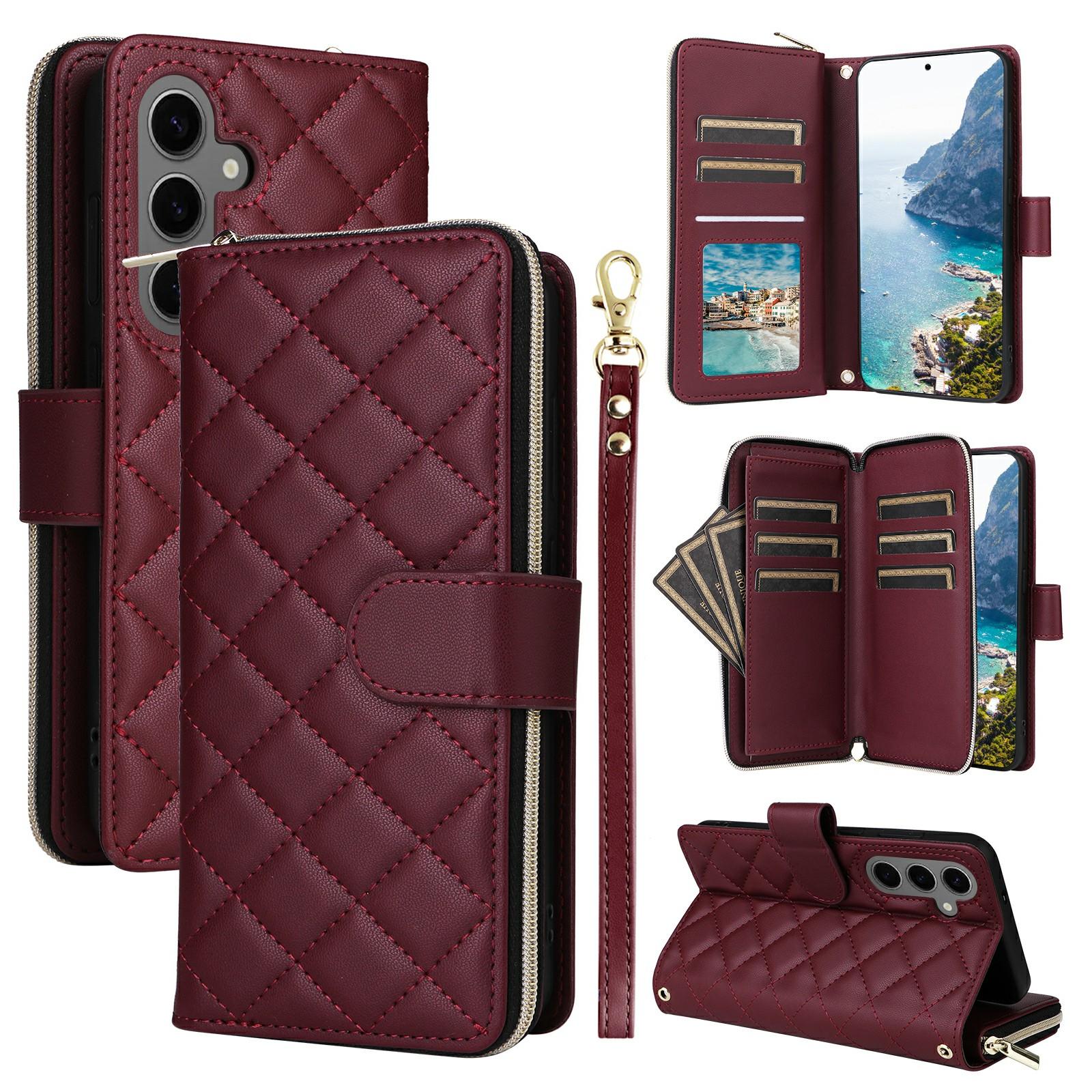 

For Samsung Galaxy S25+/S24+ Case Zipper Wallet Rhombus PU Leather Crossbody Phone Bag Wine Red