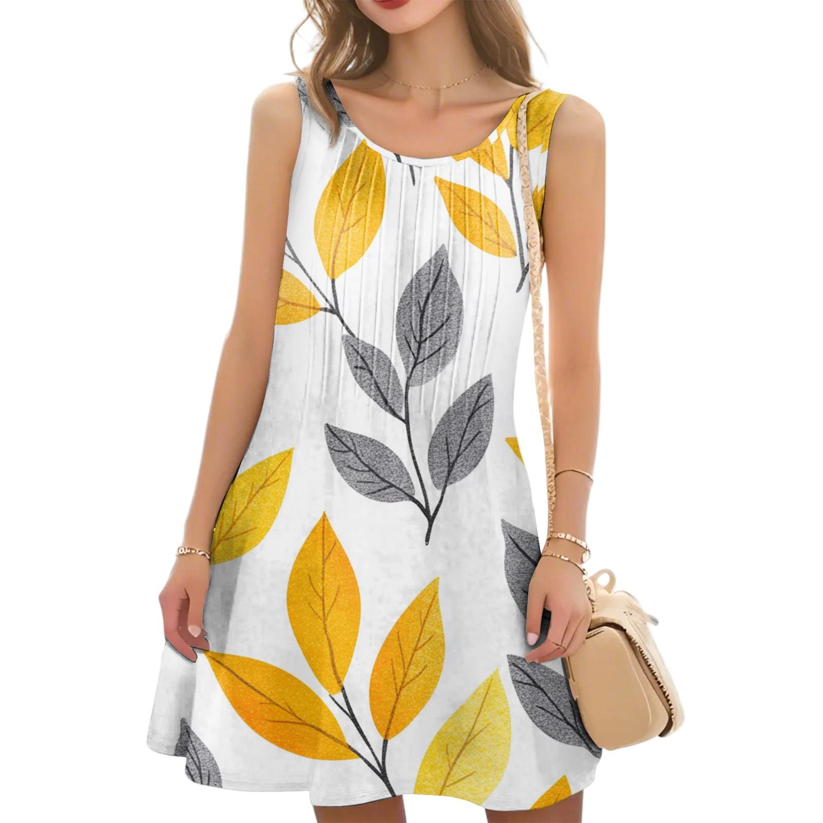 

Женское повседневное модное платье с цветочным принтом и круглым вырезом без рукавов XL жёлтый