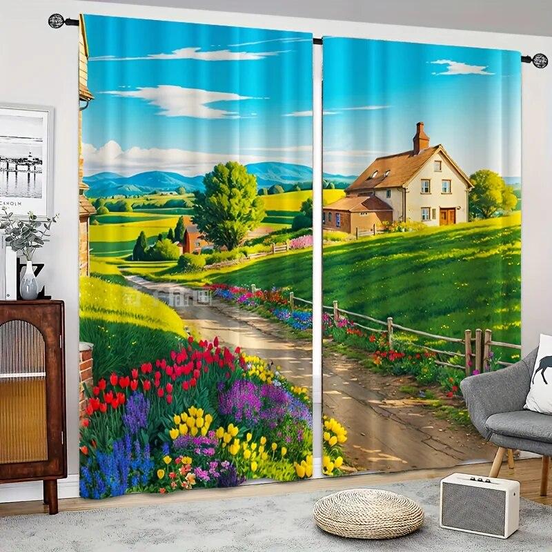 2ks River Mountain Meadow View Závěs Okno Závěs Venkovní přístřešek Dekorativní gobelín Kancelář Ložnice Kuchyň Obývací pokoj