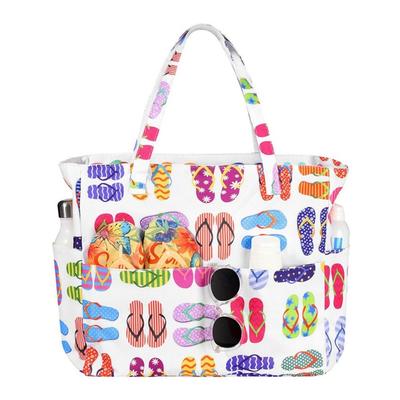 Sac de Plage Multi-Poches Pliable Grande Capacité Sac de Sport Épicerie Vacances Fermeture Éclair Anti-Sable Sac à Bandoulière