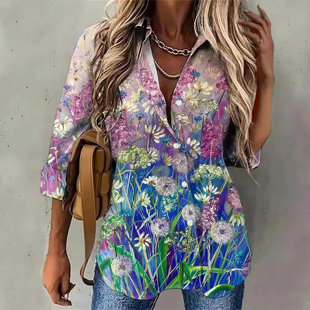 Women's T-shirt Street Fashion Clothing Long Sleeve Button Slim Fit Top Pattern Printed T-shirt Clothing Casual Loose T-shirt