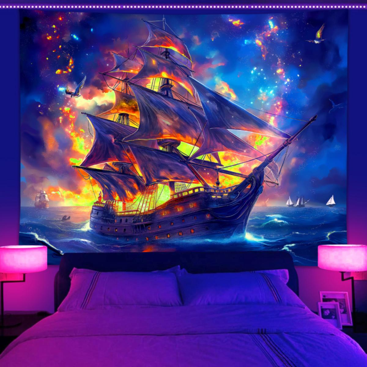 1PC vintage pirate sailboat tapestry, UV responsive black light tapestry, starry sky ocean landscape tapestry 73x95cm