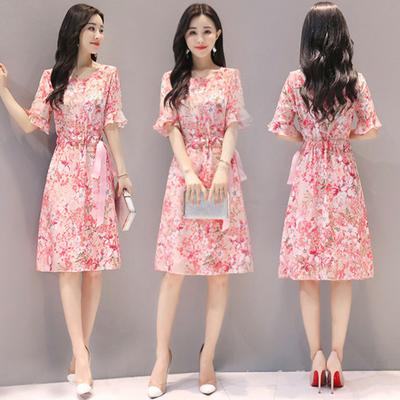 Women Summer Tight Waist Flare Sleeve Floral Printing Lacing Dress