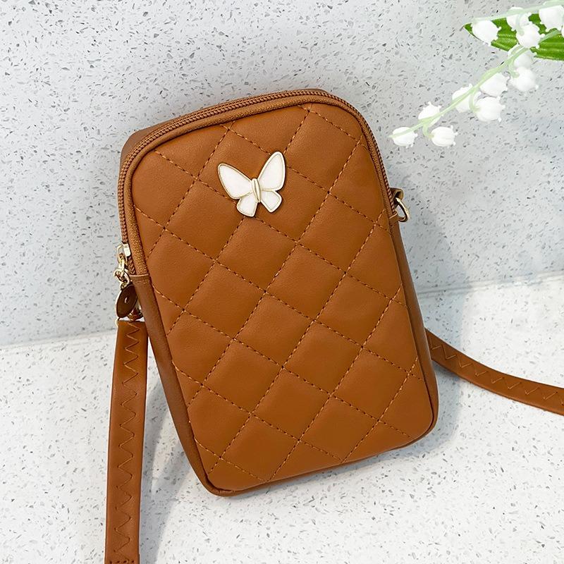 Quilted Mini Crossbody Bag Korean Style Floral Embroidered Phone Purse with Butterfly Detail