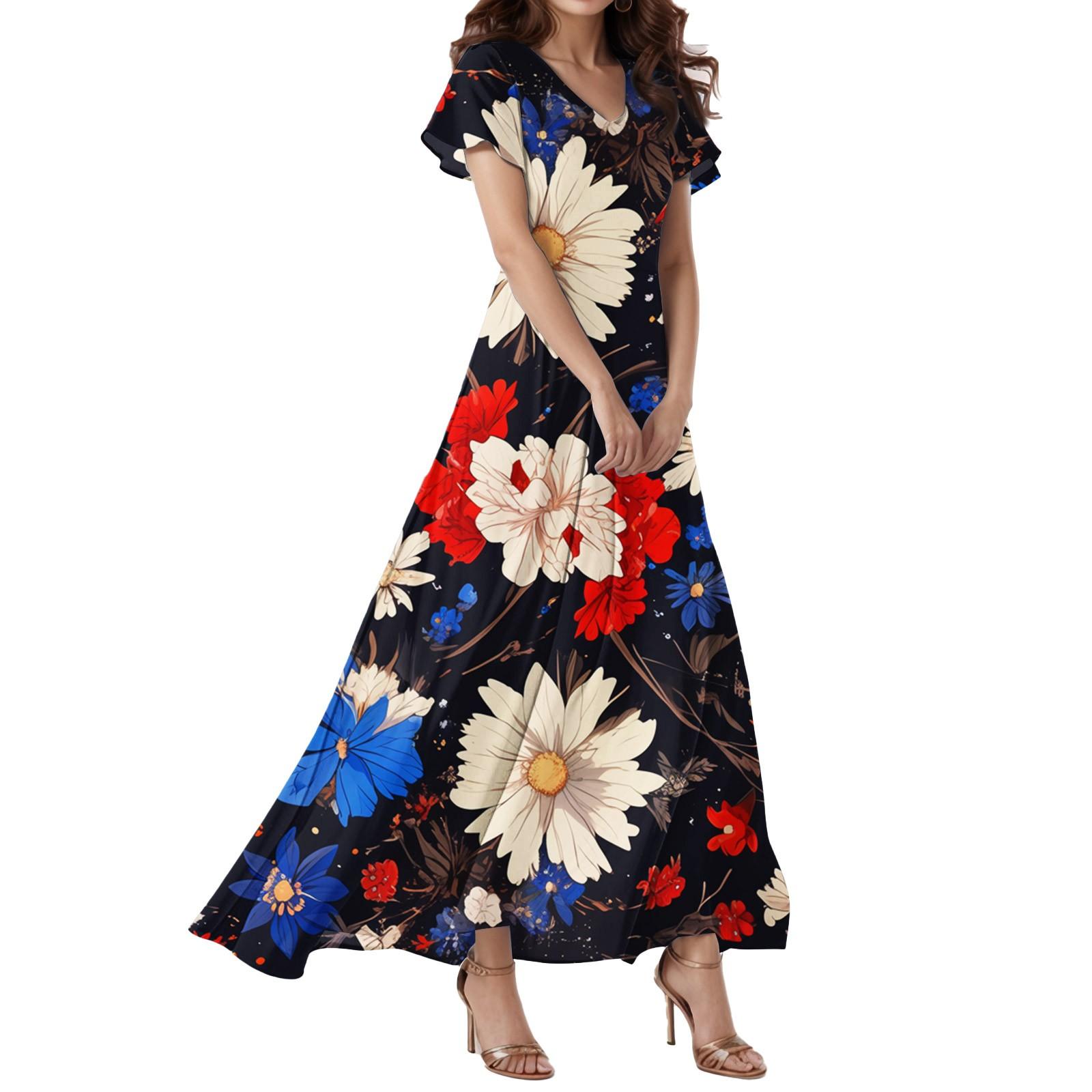 Women s Loose Casual V-Neck Short Sleeved High Waisted Independent Day Print Dress XXL
