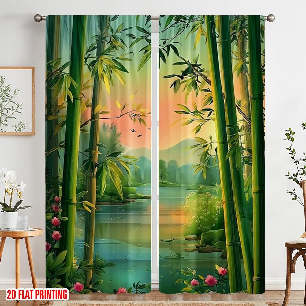 Flat Printing Curtains Chinese Polyester Lotus Landscape Natural Scenery Without Electricity Festive Wall Decor Set Of 2 Made