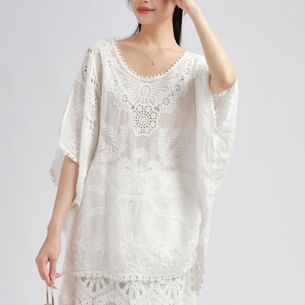 DIMANAF 2025 New Summer Basic Shirt Women Lace O-Neck Blouse Tops Tees Loose White Short Tees