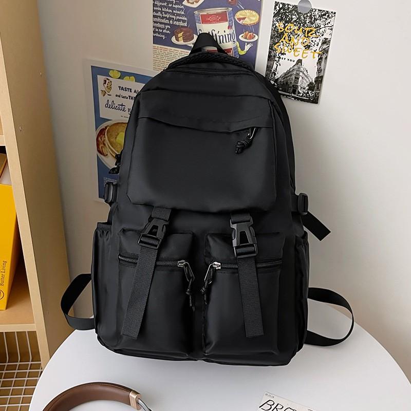 Trendy Cool Pure Black Schoolbag Men's 2024 New College Student Backpack Women's Multi-pocket Large-capacity Casual
