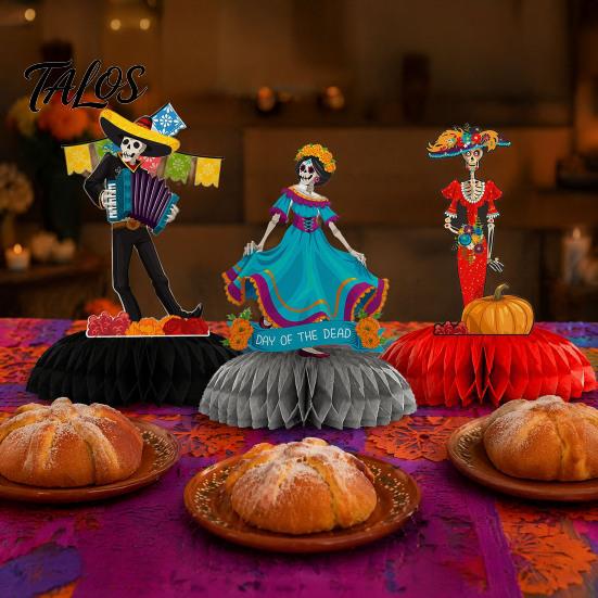 Festival-Atmosphäre Tischdekorationen 3 Stück Tag der Toten Schädel Waben-Dekoration, 6 Stile Zucker Traditionelle Mexikanische Fiesta Party-Mitgebsel Figuren für