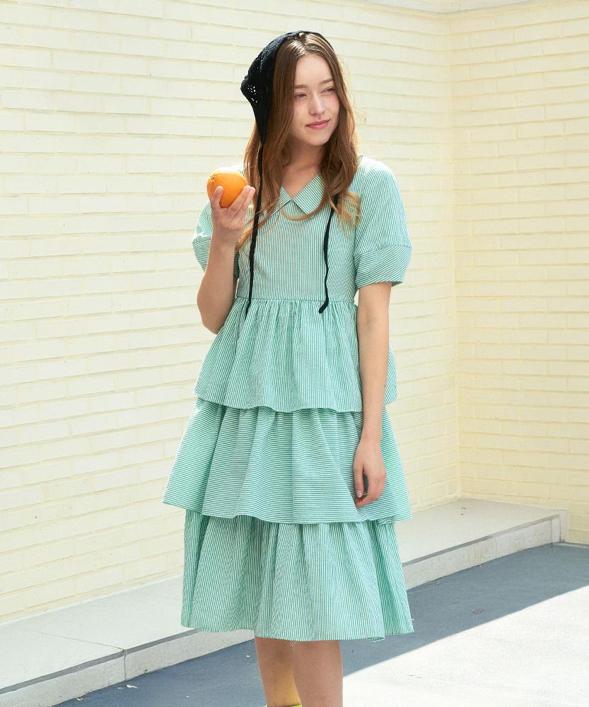 L By L Green Striped Tiered Puff Sleeve Long Dress