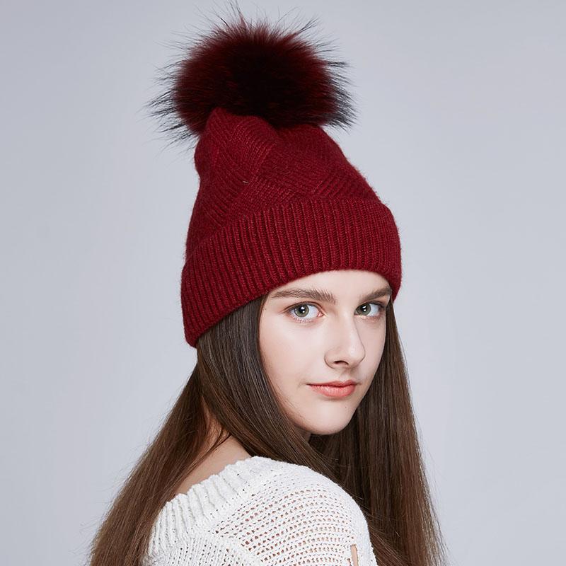Winter Women Fur Pom Pom Knitted Beanie Hats  Warm Wool Cashmere Beanie Bobble Hat Factory Wholesale