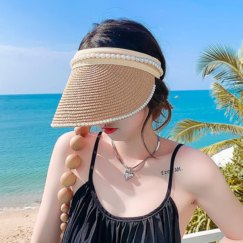 Empty top pearl straw hat, women's sun hat, summer versatile sun protection, face cover, trendy topless sun hat