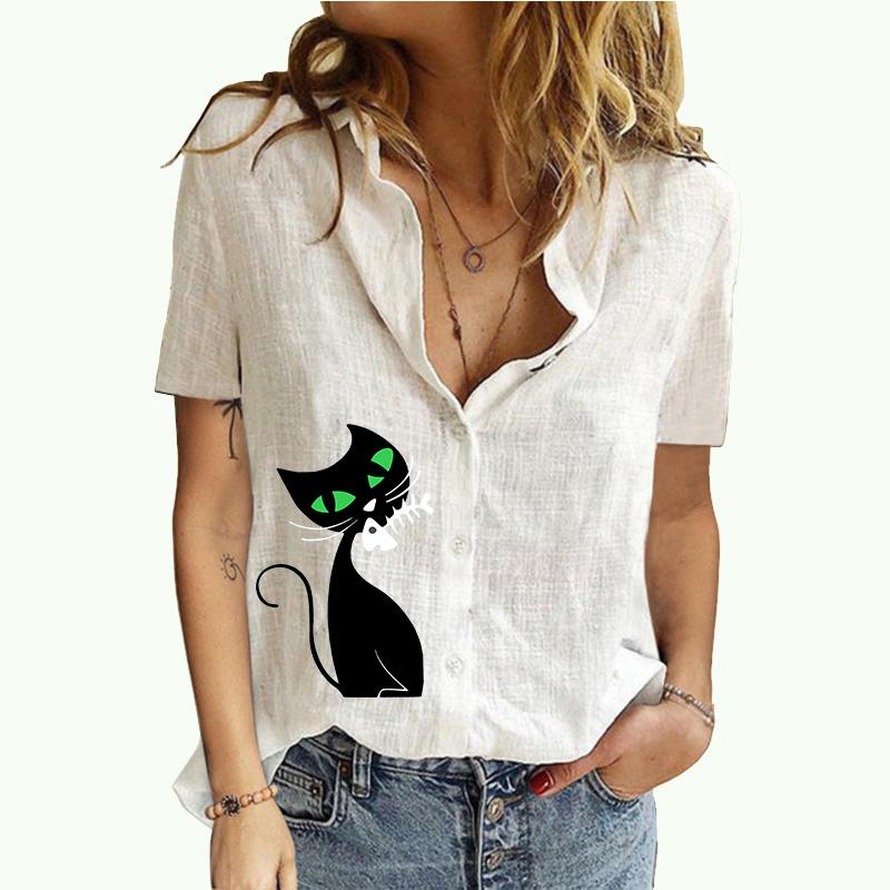 Damskie modne bluzki z klapami letni i jesienny nadruk kota koszulka z krótkim rękawem damski bawełniany lniany kardigan T-shirt
