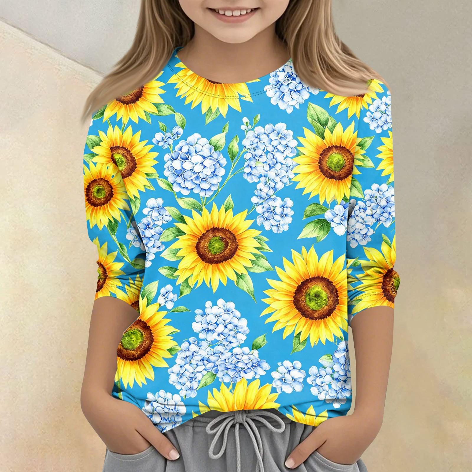 Girls Floral Print Crew Neck Three Quarter Sleeve Casual T Shirt Lightweight Comfortable Fit Soft Fabric 110 синий