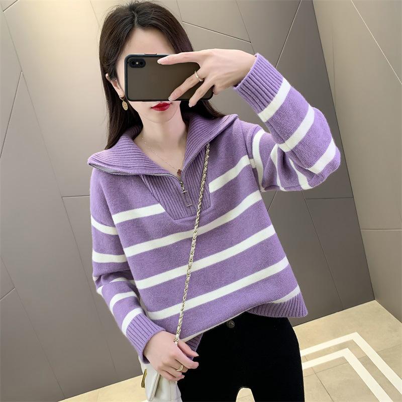 

Вязаный полосатый свитер женский осенне-зимний осенний ленивый ветер отложной воротник молния вязаная куртка женский пуловер с длинным рукавом топ average size фиолетовый