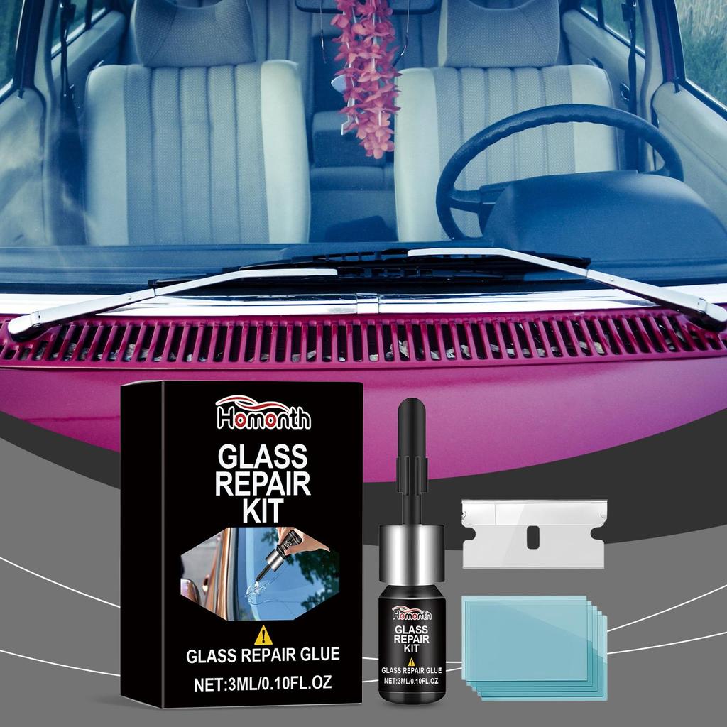 Homonth Glass Repair Kit Car Windshield Scratch and Crack Repair Glue Clear Vision Portable Adhesive 1set