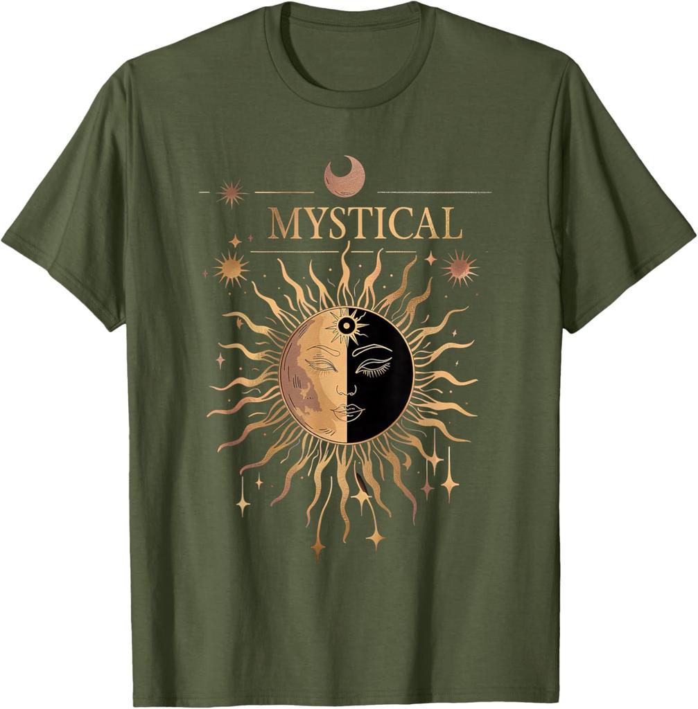 Mystical Sun Moon Face Graphic Tee Casual Cotton Breathable Short Sleeve T-Shirt Unisex