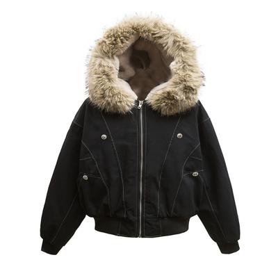 New Mountain Carving Fur Collar Hooded Down Cotton Coat Winter Loose Street Trendy Button Decorative Cotton Coat