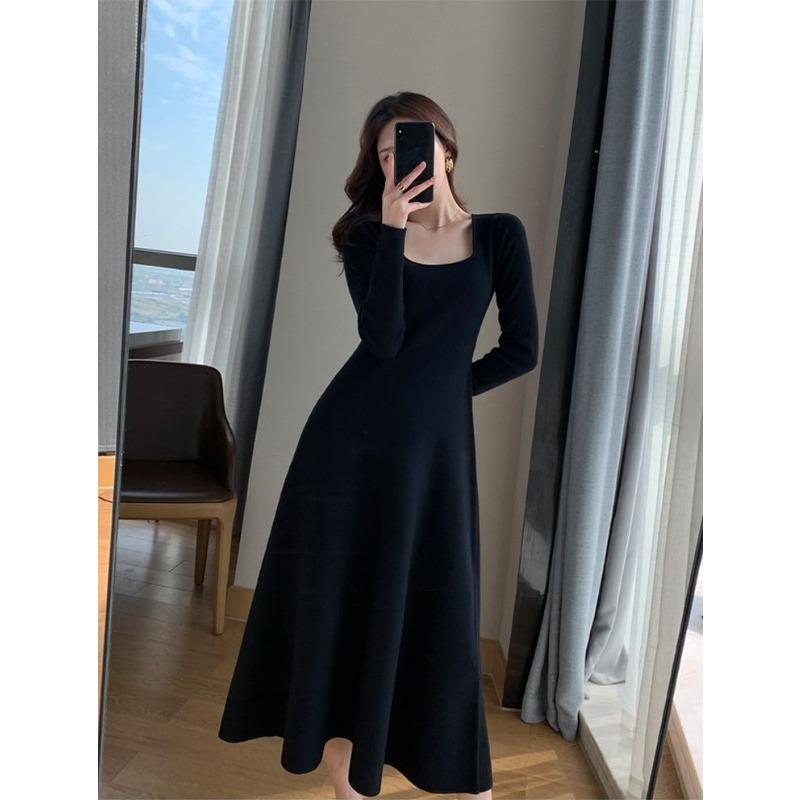Early autumn new women's clothing black long-sleeved knitted dress long temperament with small black dress inside