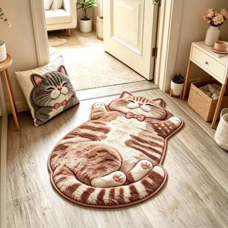 Cute Cartoon Lazy Cat-Shaped Rug Fun Creative Home Decor For Bedroom Beside Floor Mat Entrance Bathroom Washable Soft Carpet