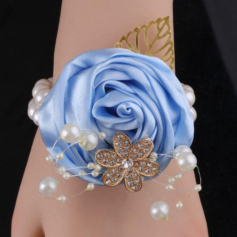 Dancing Party Artificial Rose Bridesmaid Wrist Flowers Pearl Ribbon Wrist Corsage Exquisite Wedding Flower Bracelet Bride