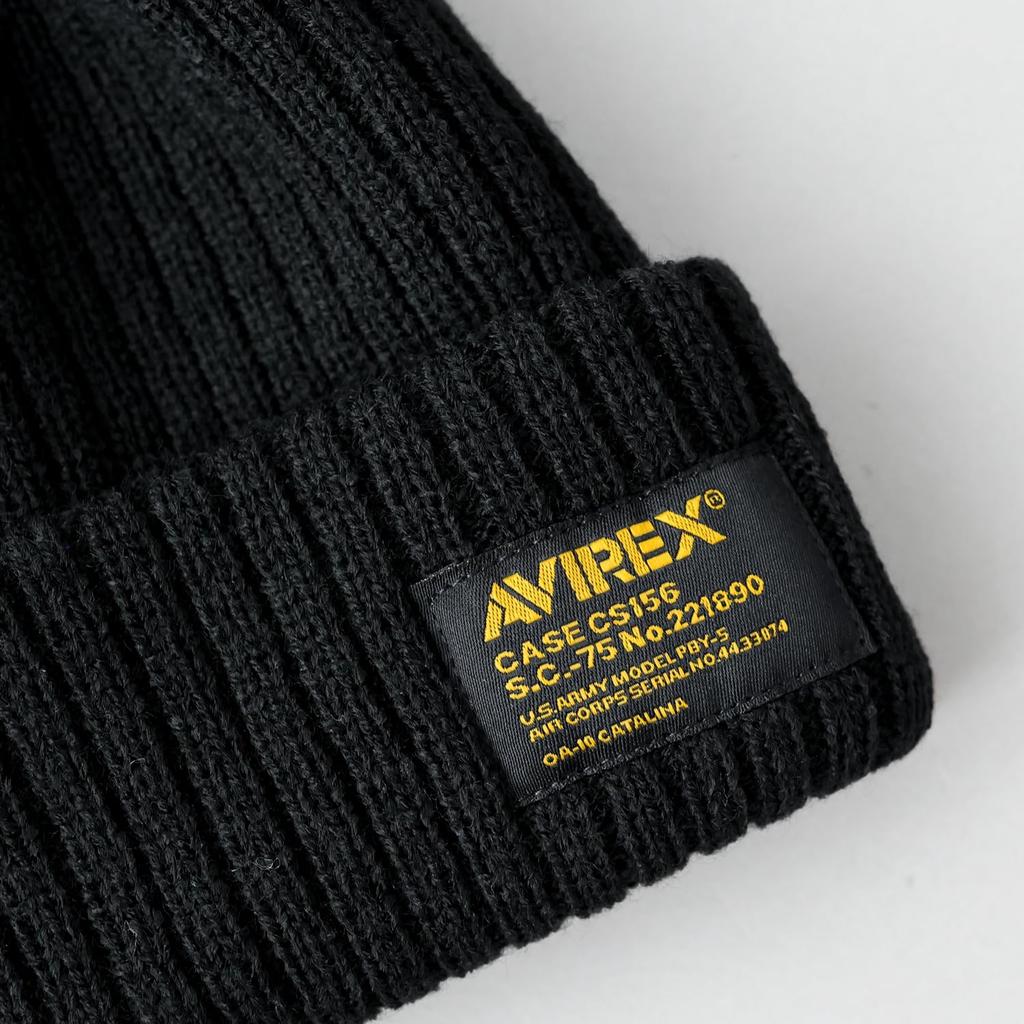 AVIREX Special Order Military Tag Ribbed Knit Cap with Logo Watch Unisex Solid Color One Size Fits Yellow Name Patch, Cap, Men's Beanie, (JP,
