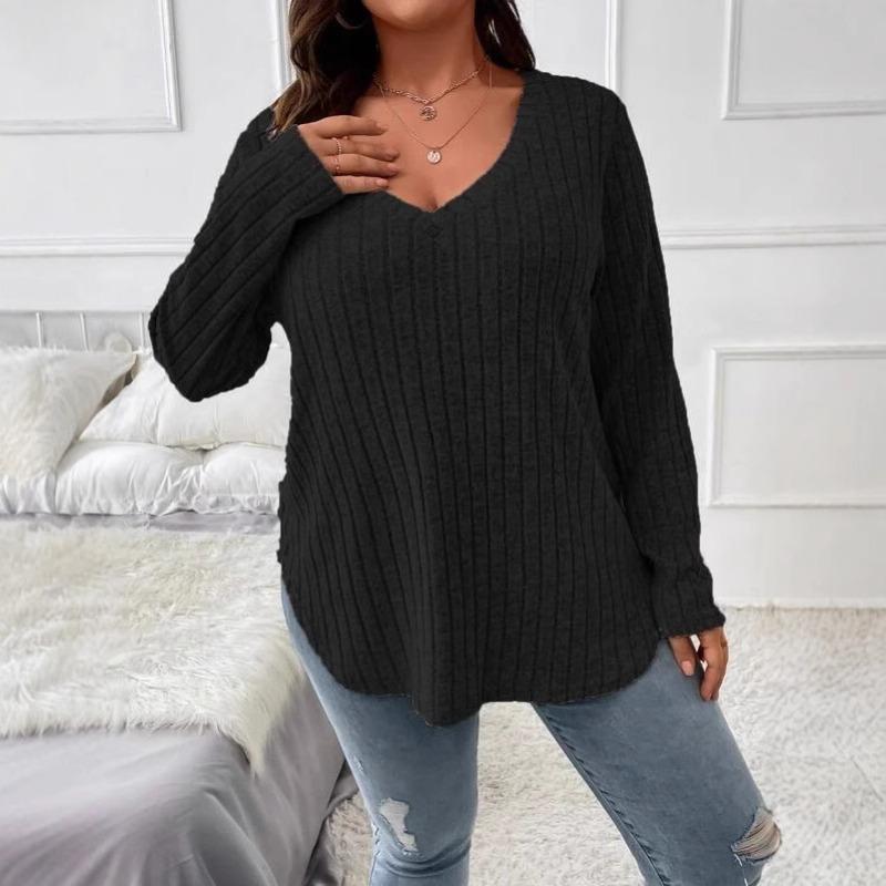 Autumn Winter New Solid Color Large Size Women's Tops V-neck Long-sleeved Pit Strip Brushed T-shirt Loose Pullover