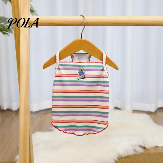Non-Restrictive Pet Wear Colorful Striped T-Shirt, Sleeveless Thin Straps Dog Breathable Strap Shirt Tank Top with Cute Bear Embroidery for Small Dogs