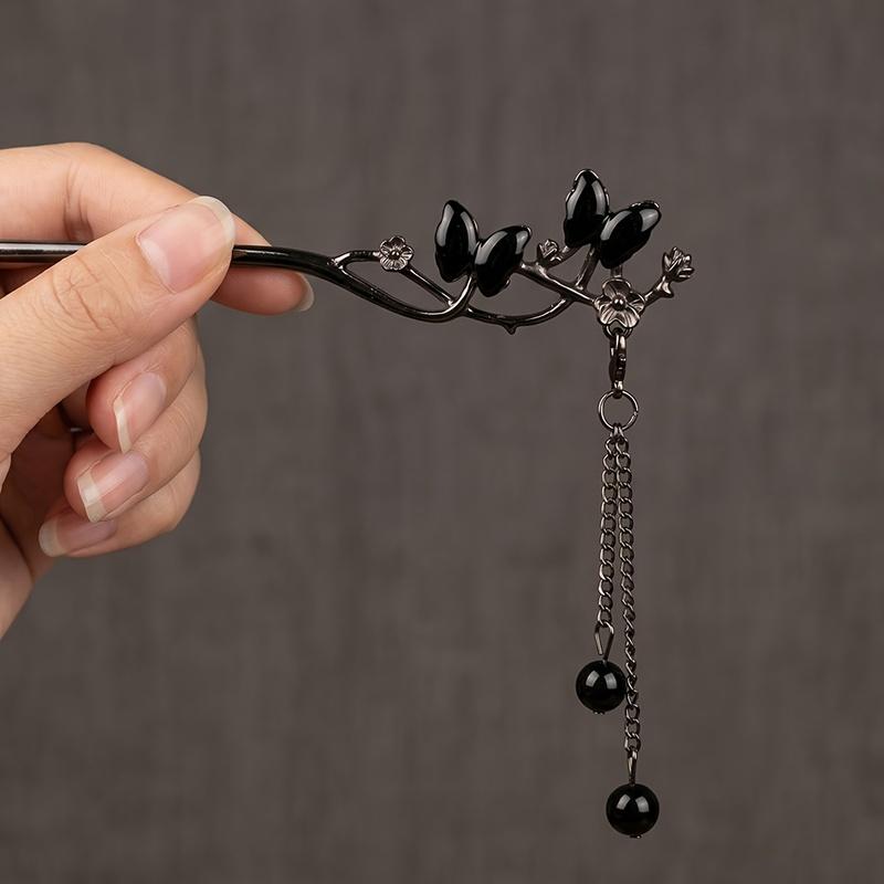 1 Pack Black Butterfly Branch Leaf Tassel Hairpin With Black Beads, Cool Stylish New Chinese Hair Accessory For Hanfu