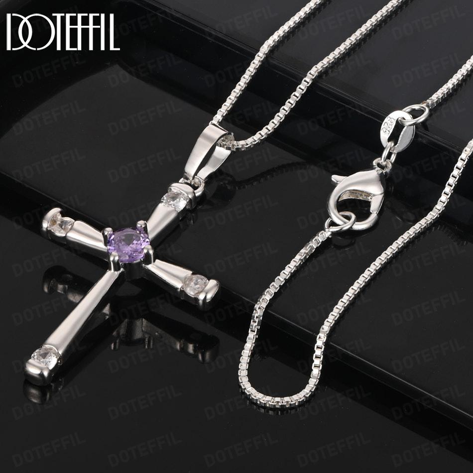 925 Sterling Silver Fashion Necklace With Purple AAA Zircon Cross Pendant Jewelry