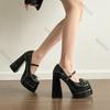 Fashion Super High Heel Mary Jane Shoes Women's Retro Round Toe Shallow Mouth Bow Platform One Strap Block Heel Solid Pumps Single Shoes