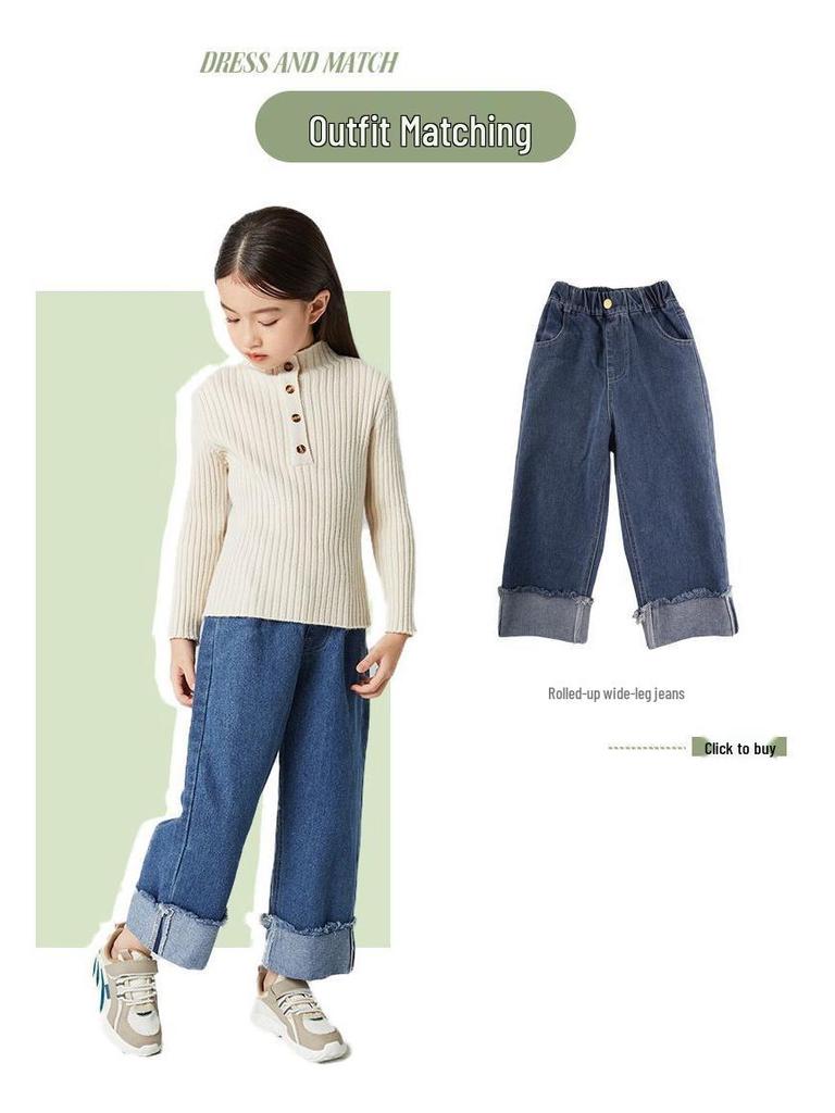 Autumn/Winter Girls' Mid-High Neck Ribbed Knit Sweater Top