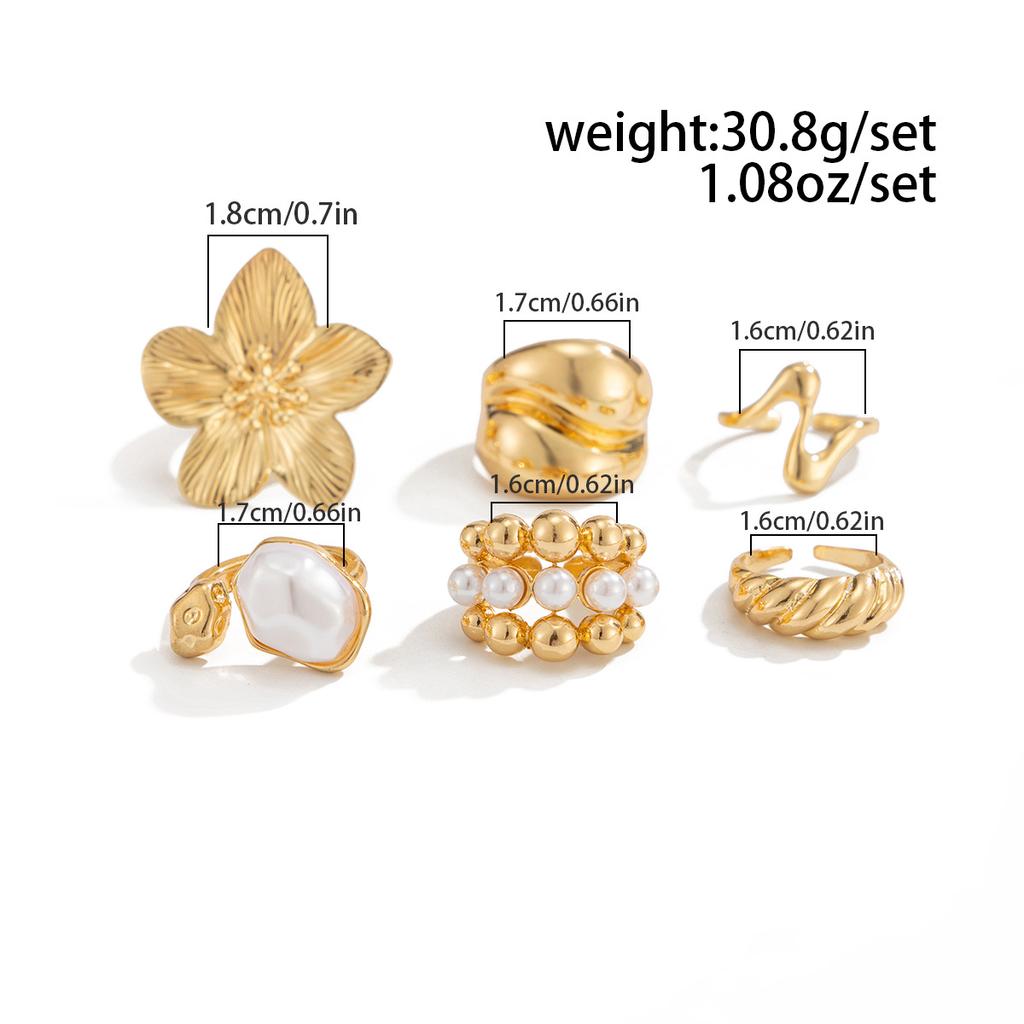6 Stuks/Set Vintage Geborstelde Bloem Openende Ringen voor Vrouwen Mannen Eenvoudig Imitatie Parel Onregelmatig Meerdere Lagen Ringen Set Sieraden Cadeaus