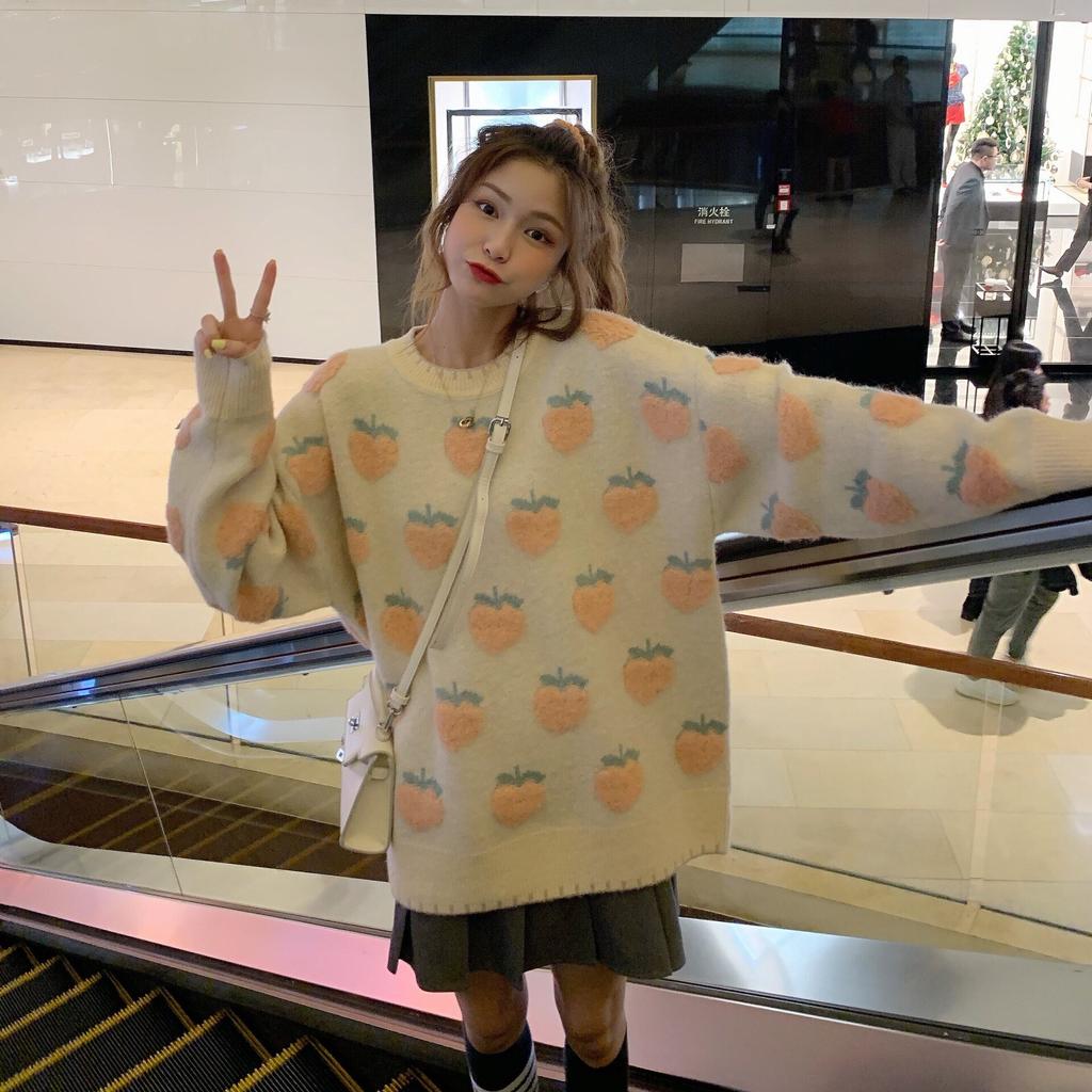 Suéter de Punto de Invierno para Mujer Bordado de Fresa Jerséis Oversize Harajuku Casual Cuello O Tejido Holgado Jersey Suéter Mujer