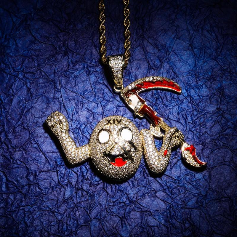 Hip Hop Classic Cartoon Character Scythe Monster Copper Zircon Pendant Necklace Gold