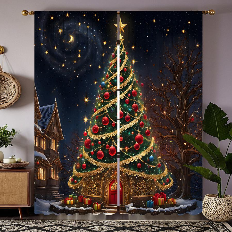 

Set Of 2 Christmas Tree Starry Night Curtains Semi Transparent Polyester Living Room Bedroom Decor Curtain With Rod Pocket Machine Washable Ideal For W100*H70(CM)-Grommet top&1PCS
