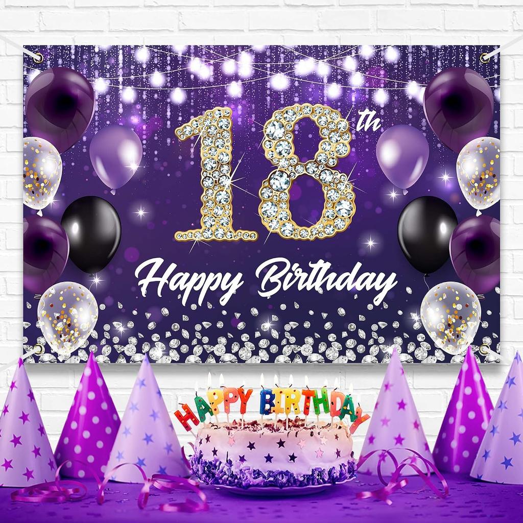 Happy 18th Birthday Backdrop Banner Purple Theme Background with Shiny Diamond Noble Elegant Birthday Party Photo Photog