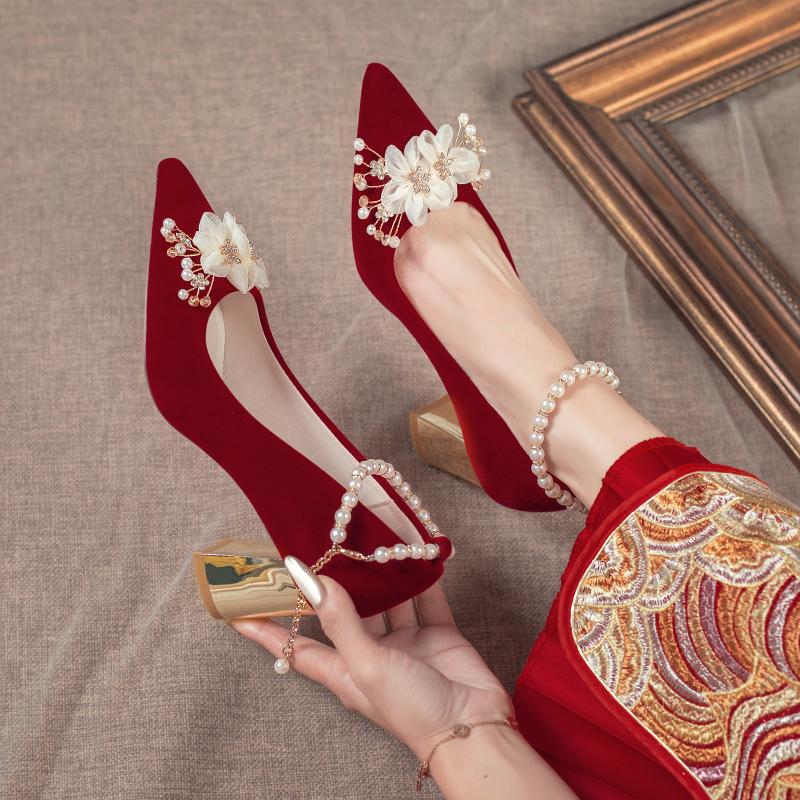 Fashion Comemore Red High Heel Chinese Style Bridal Wedding Shoes Women 2024 Beaded Women's Shoe Pointed Toe Pumps Fashion Pump Heels 34